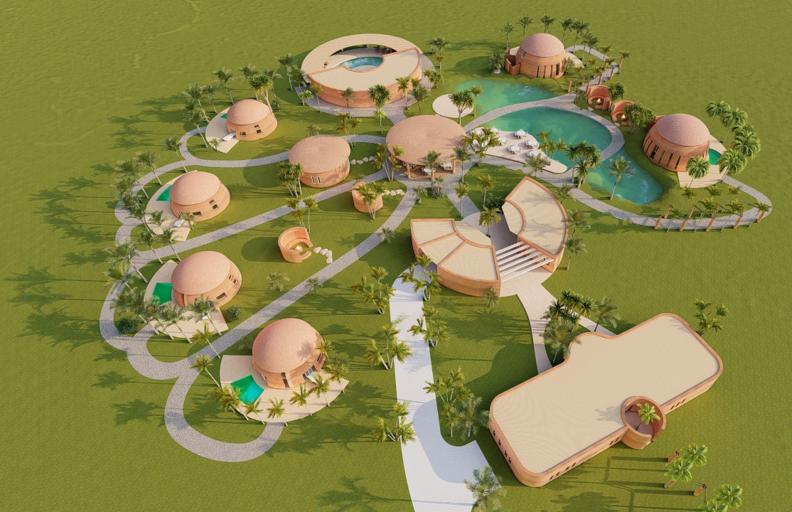 Aerial view of cabin house plan